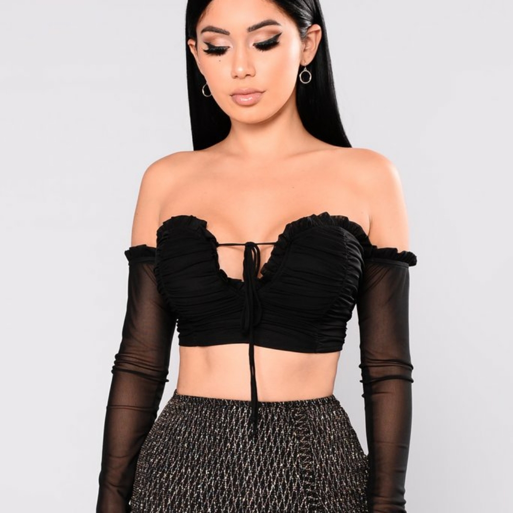 Lace Up Ruched Mesh Off the Shoulder Crop Top
